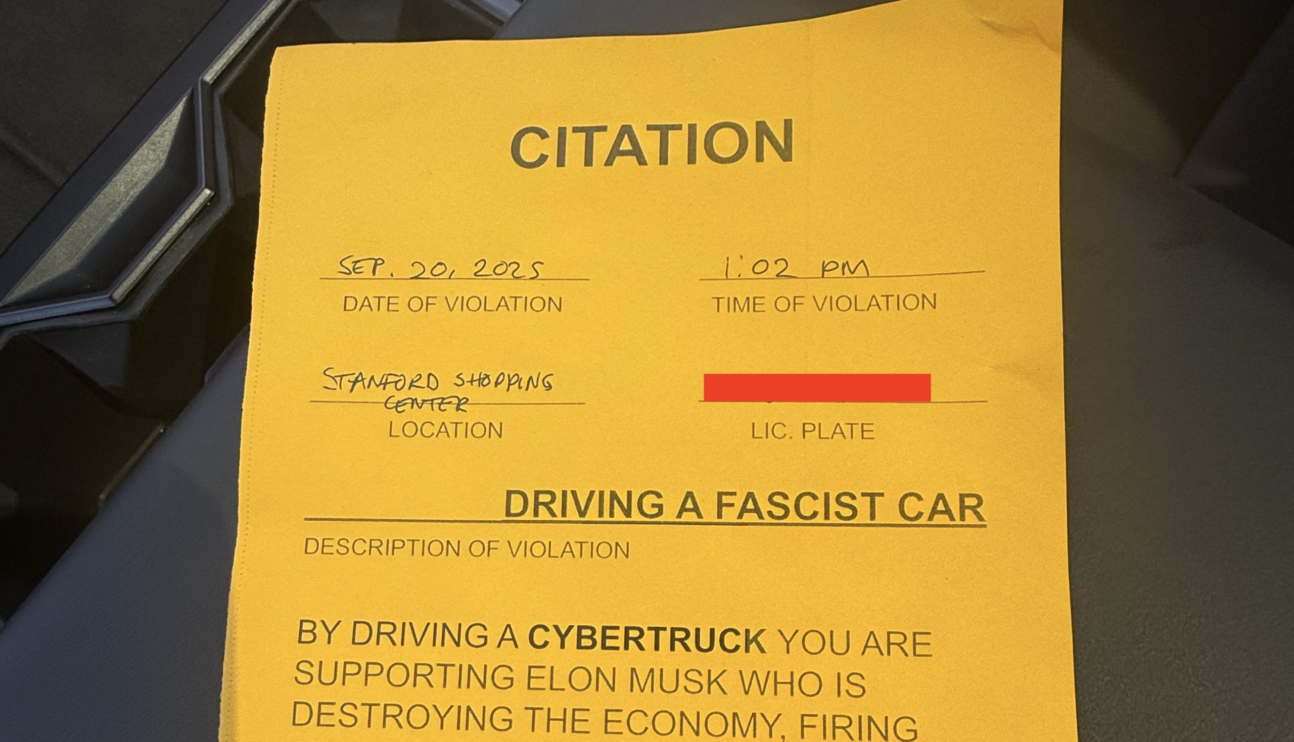 Tesla Cybertruck Slapped With Worlds Least Intimidating Ticket