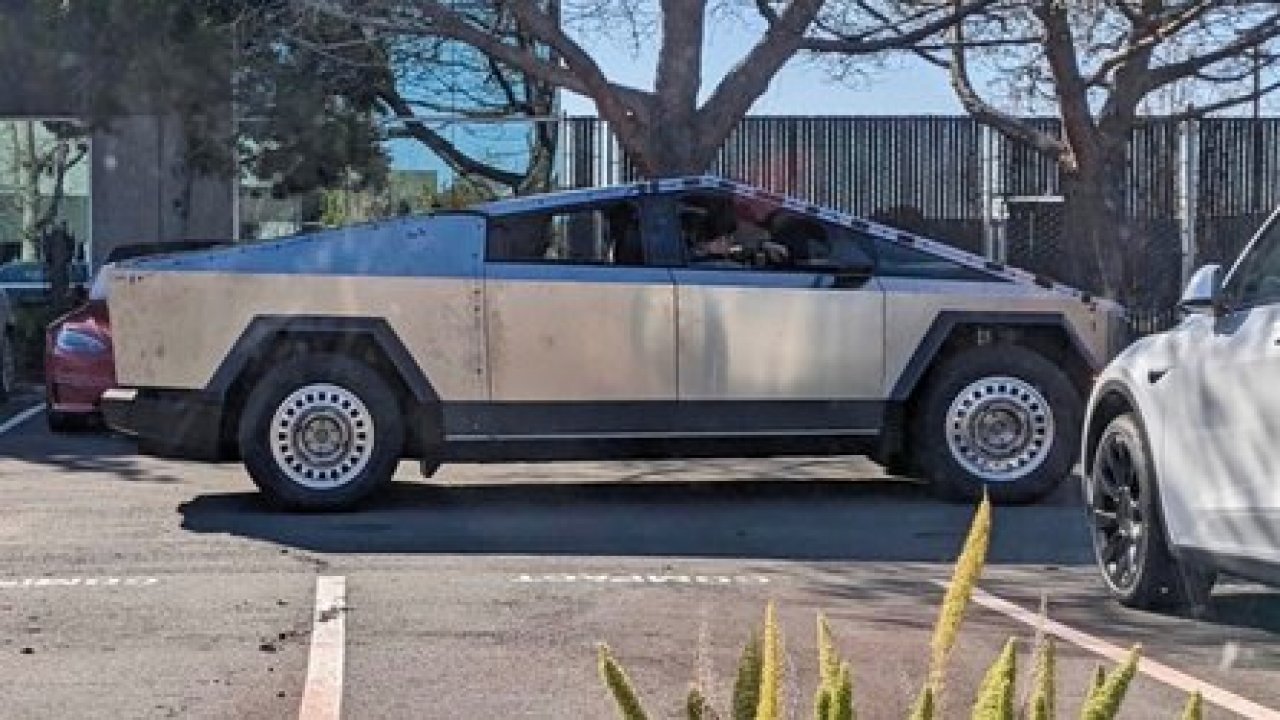 See Tesla Cybertruck With New Steel Wheels And Testing Equipment