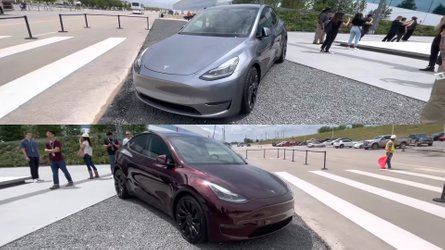 Watch Tesla Model Y In Quicksilver And Midnight Cherry Red At Giga Texas