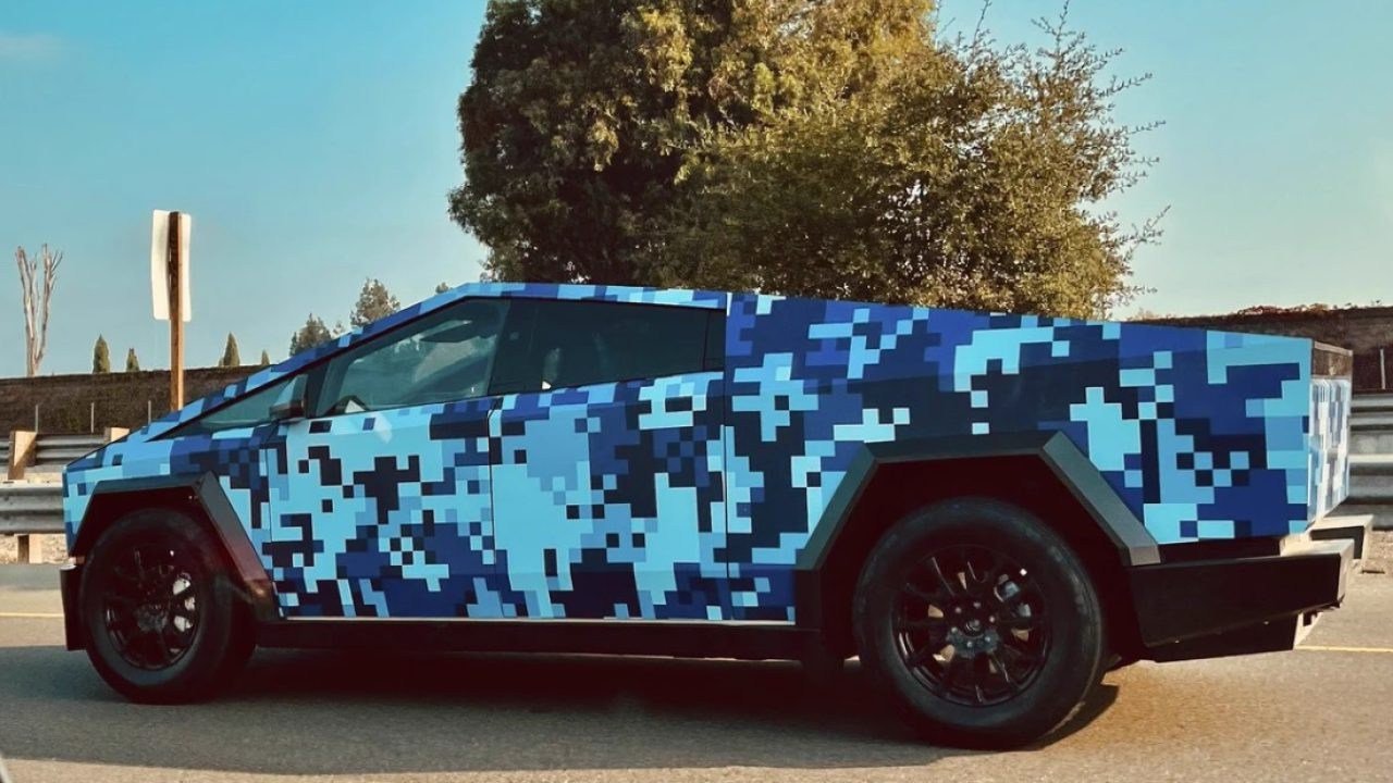 See Tesla’s blue digital camo-wrapped Cybertruck