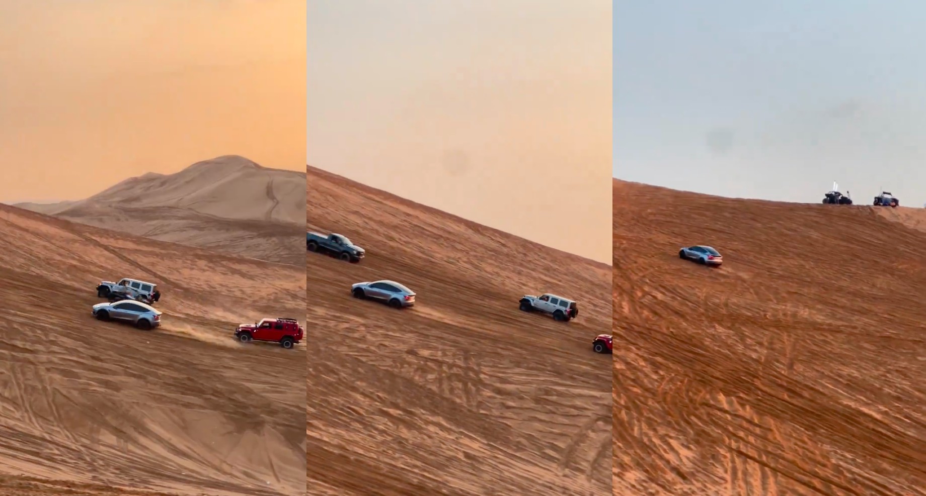 Tesla Model Y surprises by overtaking Jeeps in quick sand dune climb