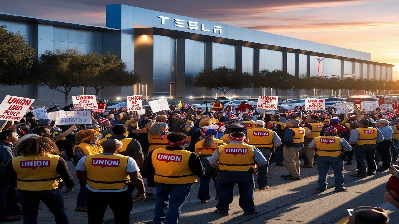 Tesla Fremont Factory Surrounded By Union Protestors