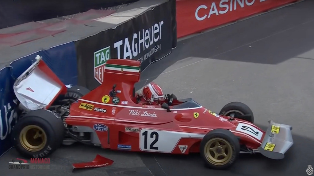 Charles Leclerc crashed Niki Laudas Ferrari 312B3 F1 race car