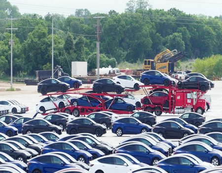 Loaded car carriers spotted leaving Giga Texas