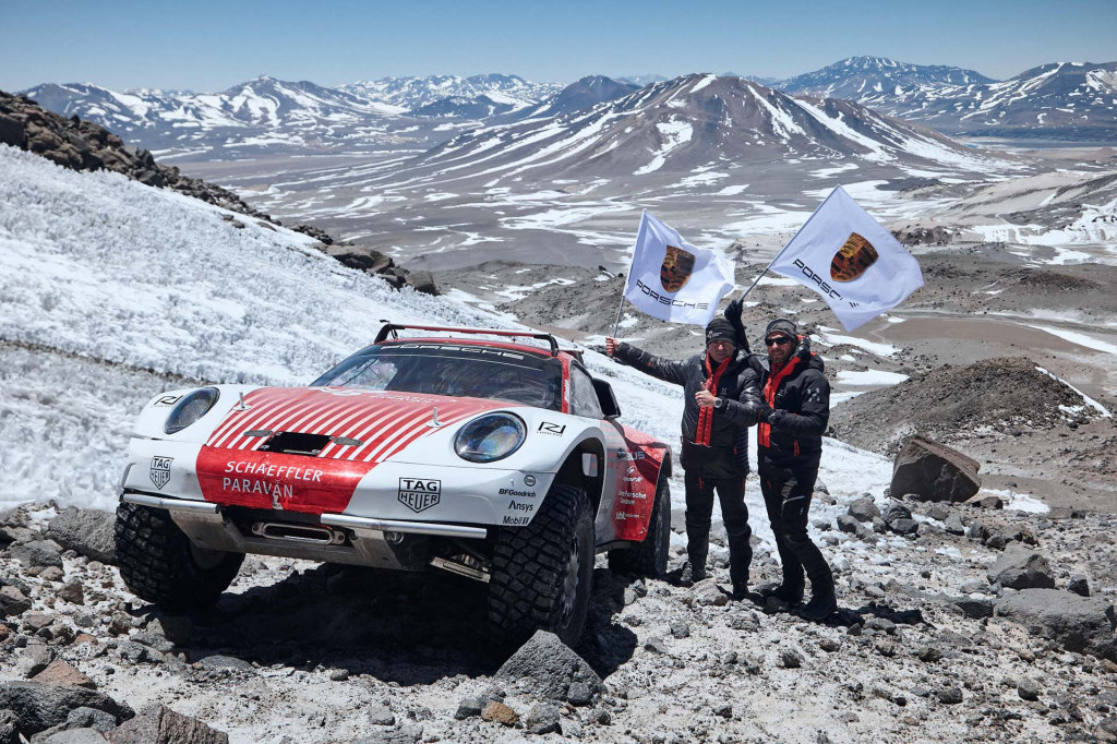 Rugged Porsche 911s climb worlds tallest volcano