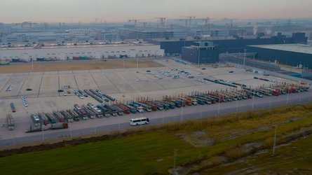 Delivery Trucks Line Up At Giga Shanghai As It Reopens
