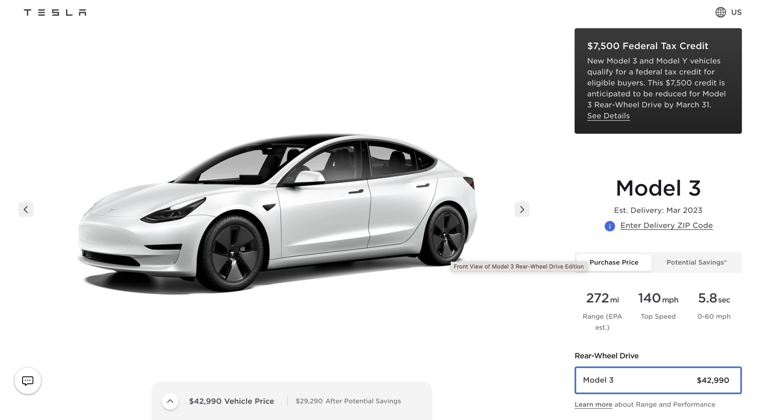 Tesla Model 3 RWD’s $7500 EV Tax Credits will be reduced