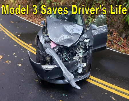 Tesla Model 3 Saves Drivers Life in Head on Wreck